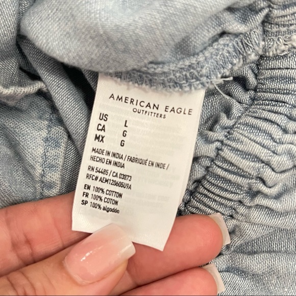 American Eagle RUFFLE BUBBLE CROP Denim Blouse Size L - Picture 7 of 7